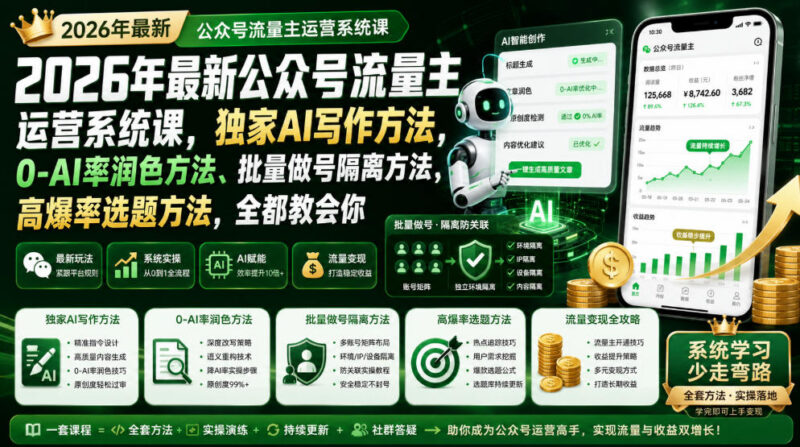 2026新版公众号流量主运营系统课 含AI写作批量做号爆文实操方法