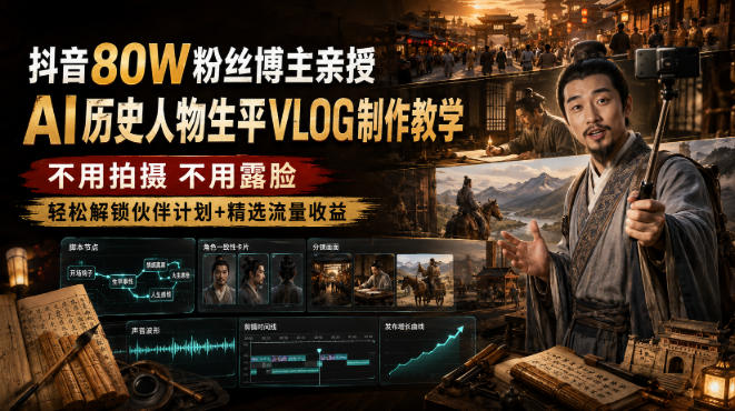 80W粉抖音博主亲授AI历史人物Vlog教程 无需露脸解锁平台收益
