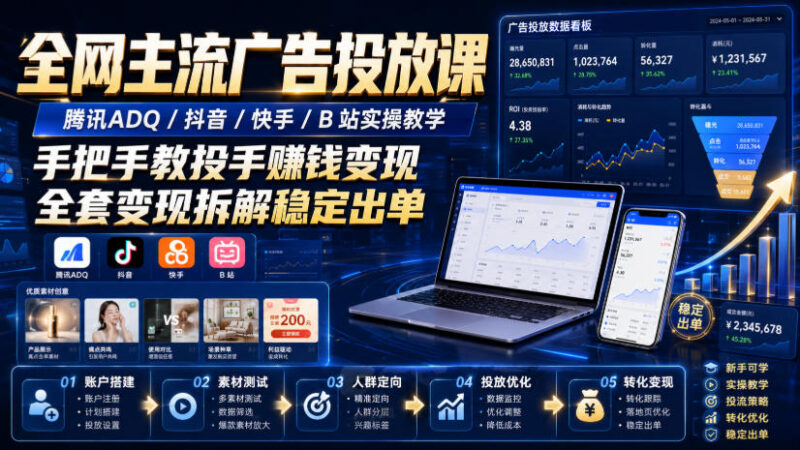 腾讯抖音快手B站广告投放实操课 投手变现全流程拆解教学