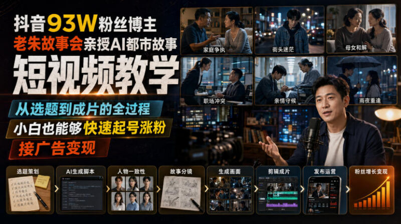 93万粉抖音博主亲授AI都市故事短视频 零基础从选题到成片全流程教学