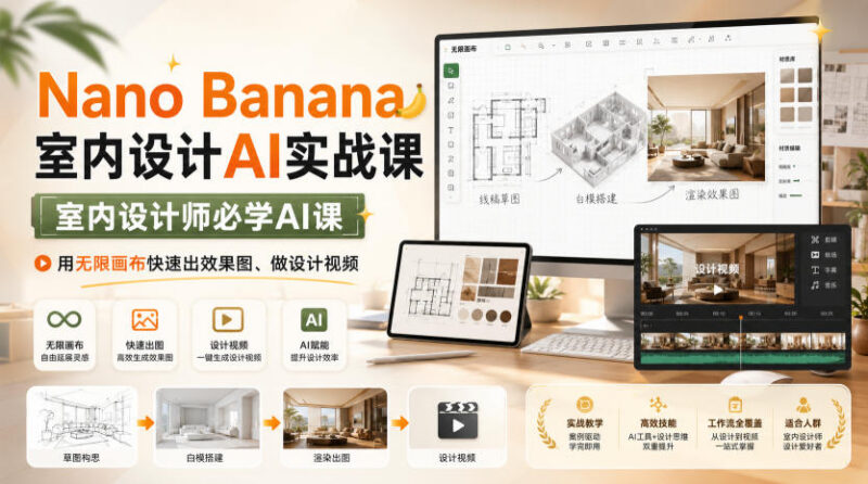 Nano Banana室内设计AI实战课 用无限画布快速出图做设计视频