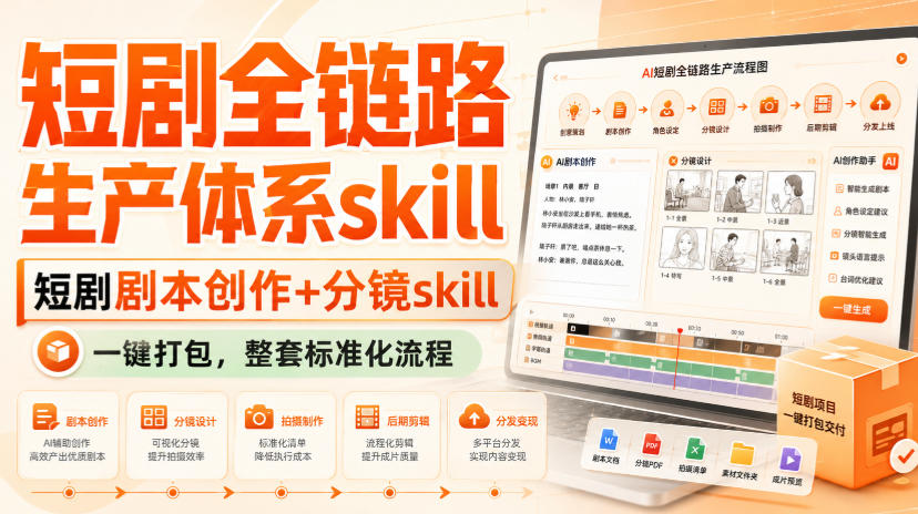 短剧全链路生产体系skill，短剧剧本创作+分镜skill，一键打包，整套标准化流程