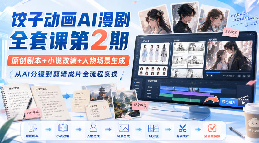 饺子动画AI漫剧全套课第2期：原创剧本+小说改编+人物场景生成，从AI分镜到剪辑成片全流程实操