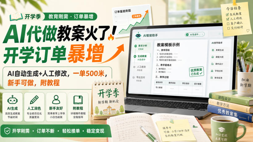 AI代做教案火了！开学订单暴增，AI自动生成+人工修改，一单500米，新手可做，附教程【揭秘】