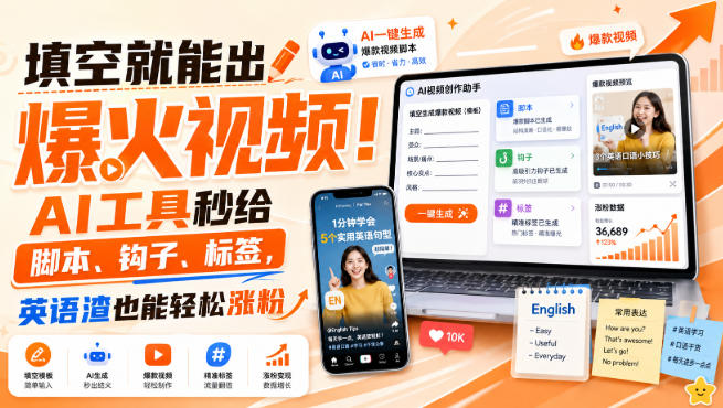 填空就能出爆火视频!AI工具秒给脚本、钩子、标签,英语渣也能轻松涨粉【原创双语字幕】