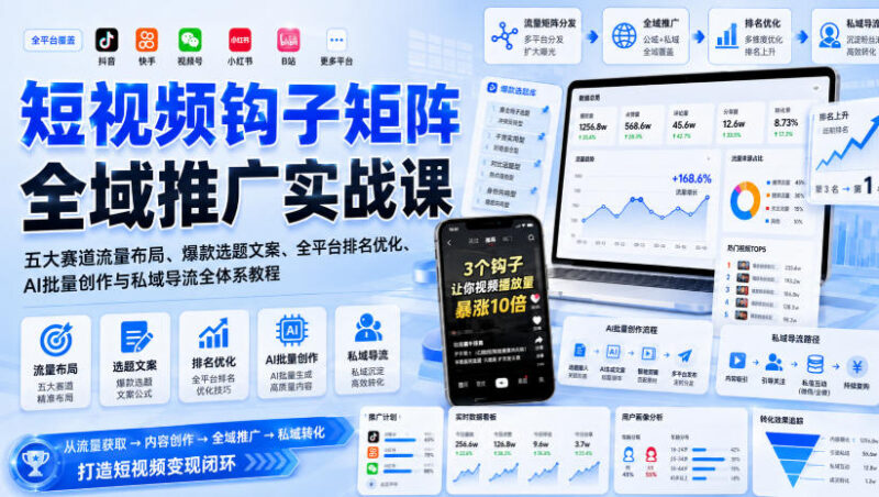 短视频钩子矩阵全域推广实战课 流量布局AI创作私域导流全教程