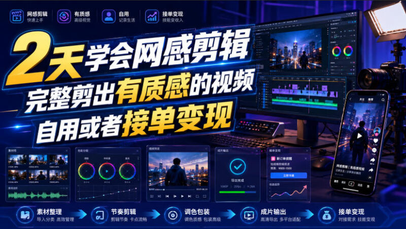 2天系统学会网感剪辑全流程 制作质感短视频可自用可接单变现
