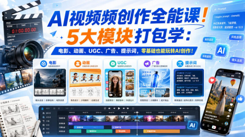 零基础可学AI视频创作全能课 覆盖五大模块配双语字幕