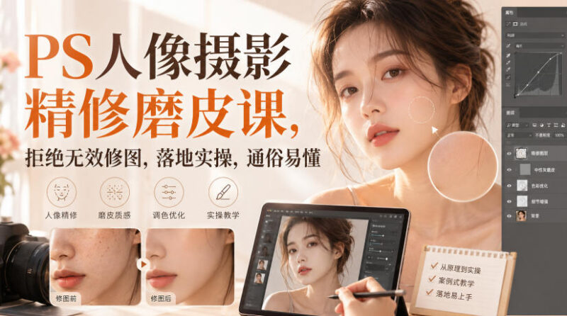 PS人像摄影精修磨皮实操课 零基础掌握自然高级修图技法