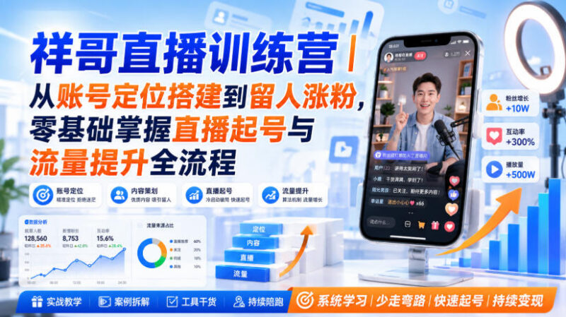 祥哥直播训练营教程 零基础掌握从账号定位到涨粉提流全流程方法