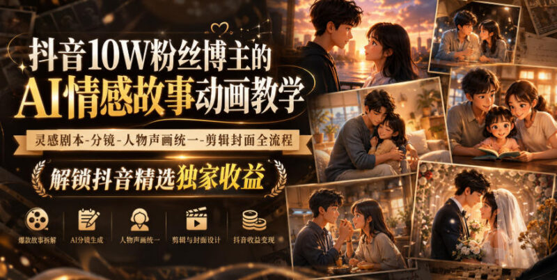 抖音10W粉博主亲授 AI情感故事动画全流程创作变现实操课