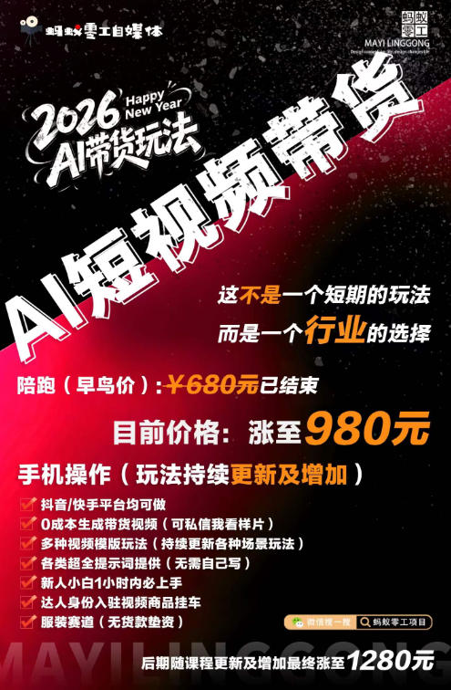 外面卖680的AI短视频带货，靠AI生成短视频，分发到抖音快手平台，多种模版提示词提供，单条视频1k+收益