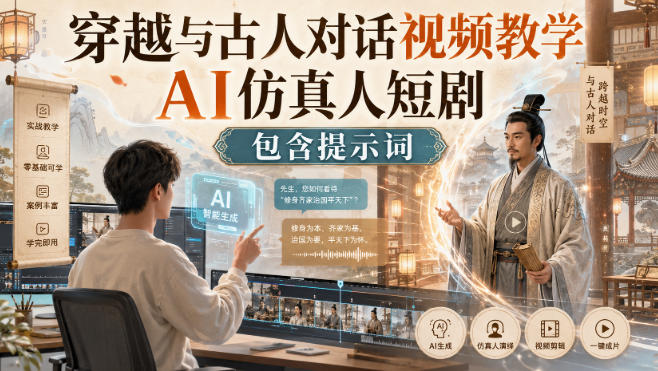 AI仿真人穿越短剧制作教学 与古人对话视频教程含配套提示词