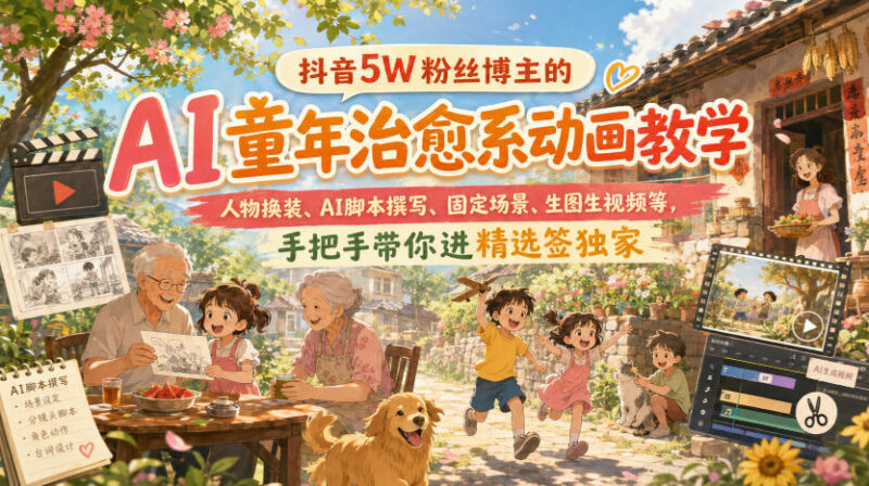 抖音5W粉博主亲授 AI童年治愈系动画制作变现全流程教学